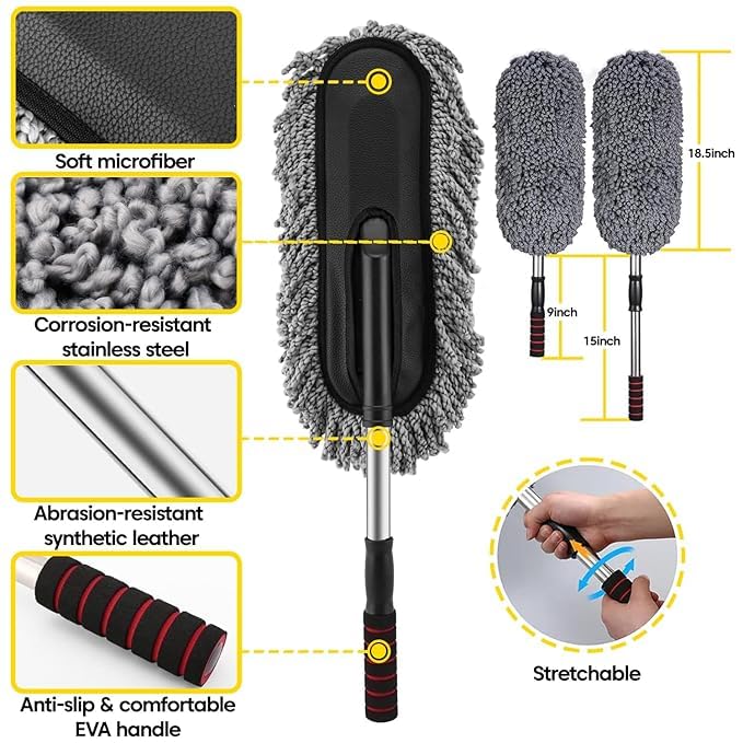 🔥 Best Seller!! Pack Of 6🔥PCS Microfiber Car Duster Brush Complete Cleaning Kit (Big Car Duster, 3 in 1 Wax Coating, Small Duster, Microfiber Cloth, Detailing Brush and Windshield Cleaning Tablets)