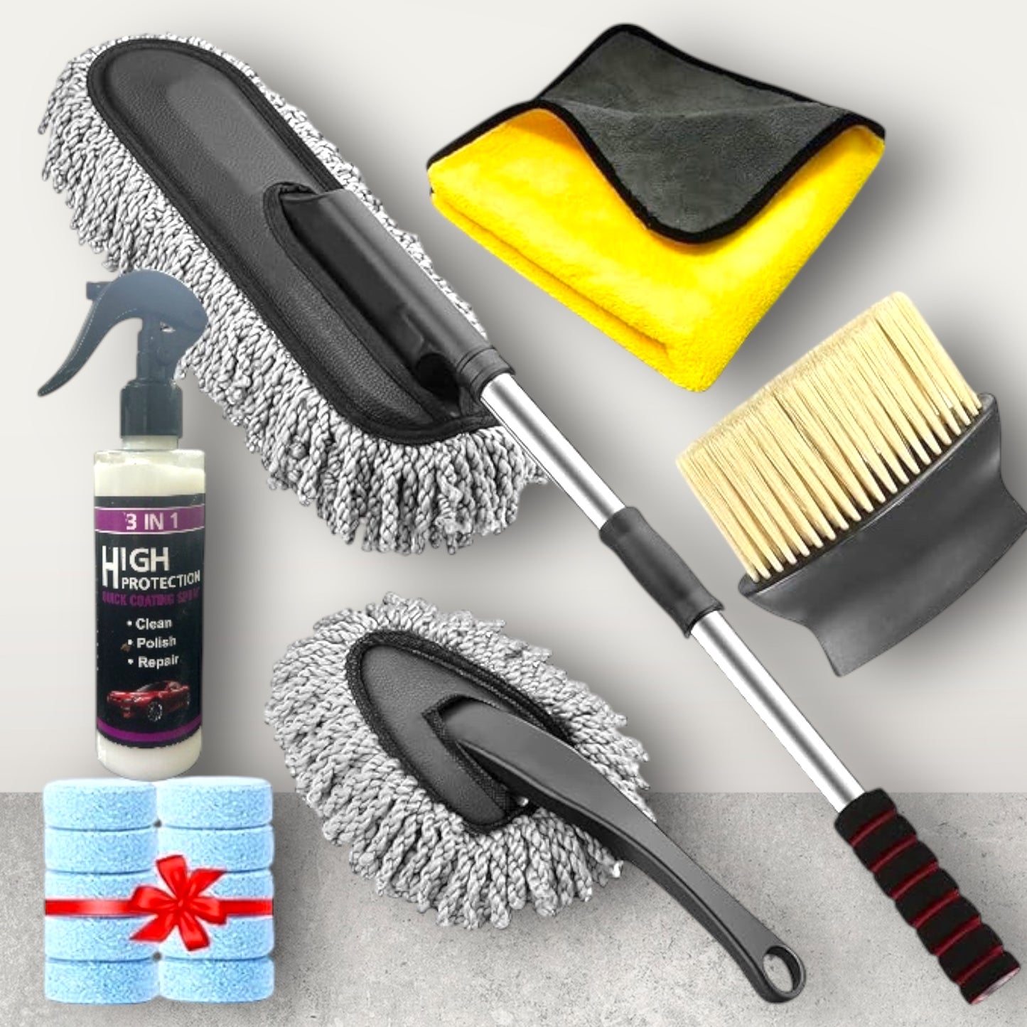 🔥 Best Seller!! Pack Of 6🔥PCS Microfiber Car Duster Brush Complete Cleaning Kit (Big Car Duster, 3 in 1 Wax Coating, Small Duster, Microfiber Cloth, Detailing Brush and Windshield Cleaning Tablets)