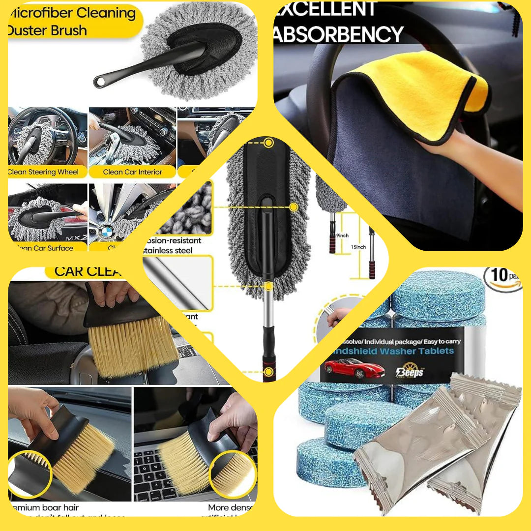 🔥 Best Seller!! Pack Of 6🔥PCS Microfiber Car Duster Brush Complete Cleaning Kit (Big Car Duster, 3 in 1 Wax Coating, Small Duster, Microfiber Cloth, Detailing Brush and Windshield Cleaning Tablets)
