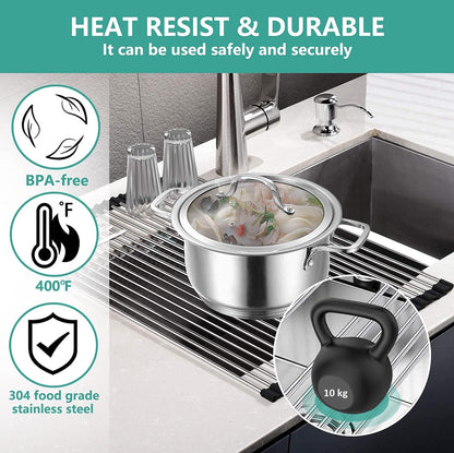 Foldable Stainless Steel Dish Drying Rack/Mat for Kitchen Sink (15" X 10") With 12 Stainless Steel Pipes