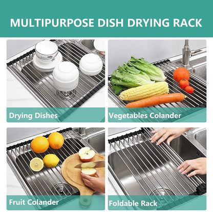 Foldable Stainless Steel Dish Drying Rack/Mat for Kitchen Sink (15" X 10") With 12 Stainless Steel Pipes