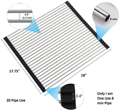 Foldable Stainless Steel Dish Drying Rack/Mat for Kitchen Sink (15" X 10") With 12 Stainless Steel Pipes