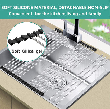 Foldable Stainless Steel Dish Drying Rack/Mat for Kitchen Sink (15" X 10") With 12 Stainless Steel Pipes