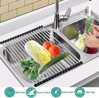 Foldable Stainless Steel Dish Drying Rack/Mat for Kitchen Sink (15" X 10") With 12 Stainless Steel Pipes