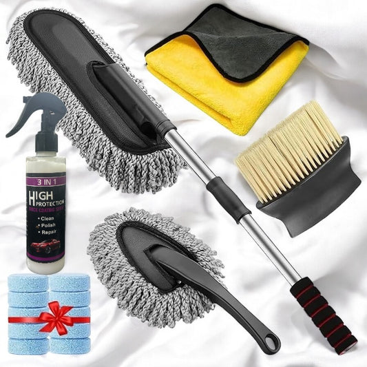 🔥 Best Seller!! Pack Of 6🔥PCS Microfiber Car Duster Brush Complete Cleaning Kit (Big Car Duster, 3 in 1 Wax Coating, Small Duster, Microfiber Cloth, Detailing Brush and Windshield Cleaning Tablets)