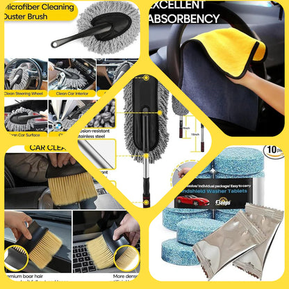 🔥 Best Seller!! Pack Of 6🔥PCS Microfiber Car Duster Brush Complete Cleaning Kit (Big Car Duster, 3 in 1 Wax Coating, Small Duster, Microfiber Cloth, Detailing Brush and Windshield Cleaning Tablets)