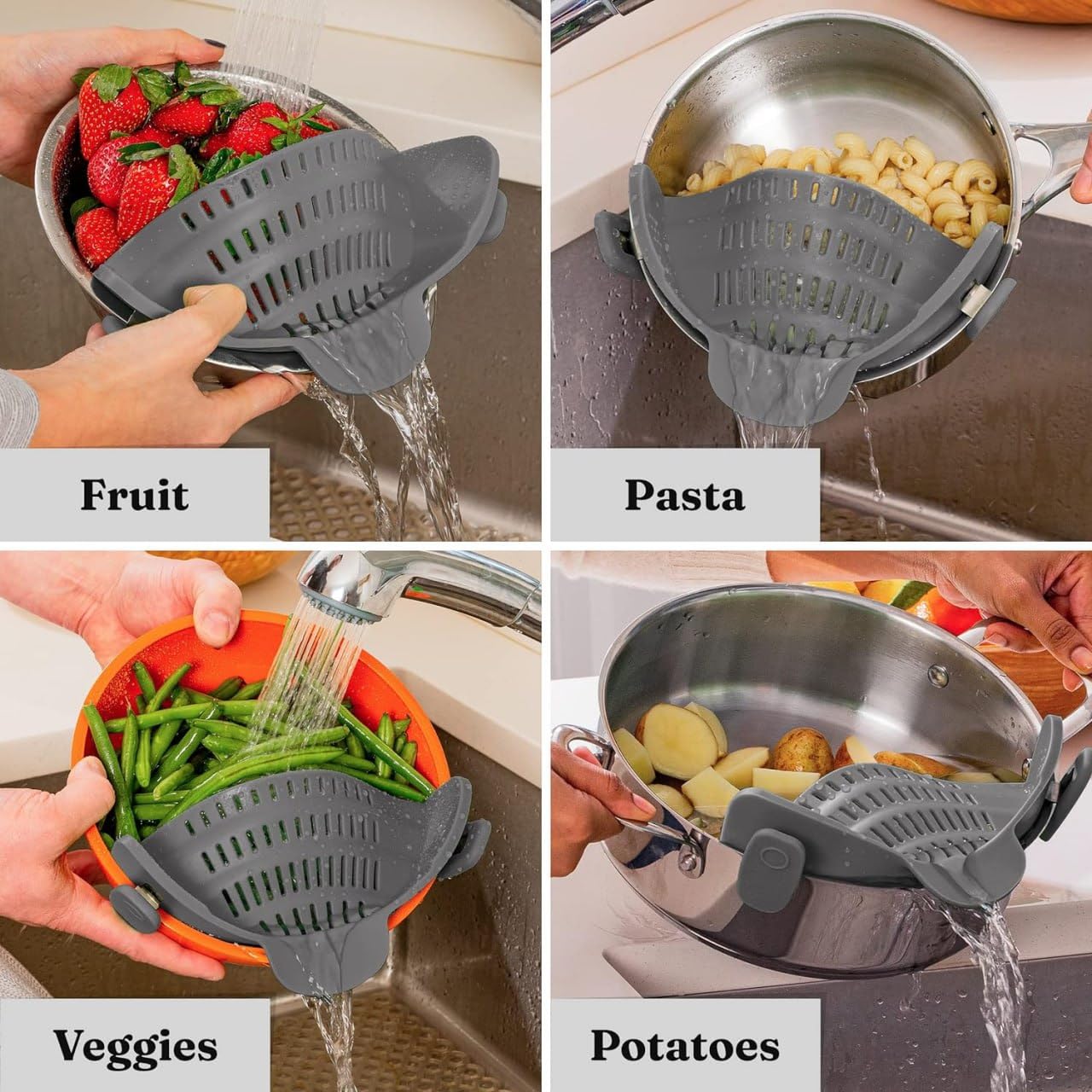 Silicone Clip on Strainer for Pots, Pans, and Bowls